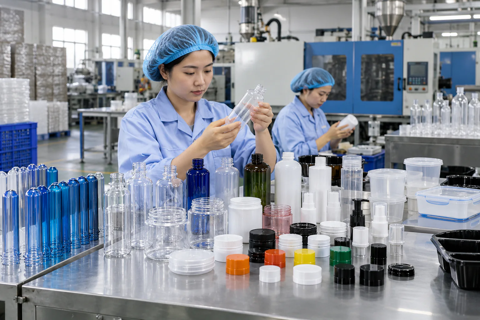 Chai, lọ, hộp và nắp nhựa tại khu kiểm tra bao bì