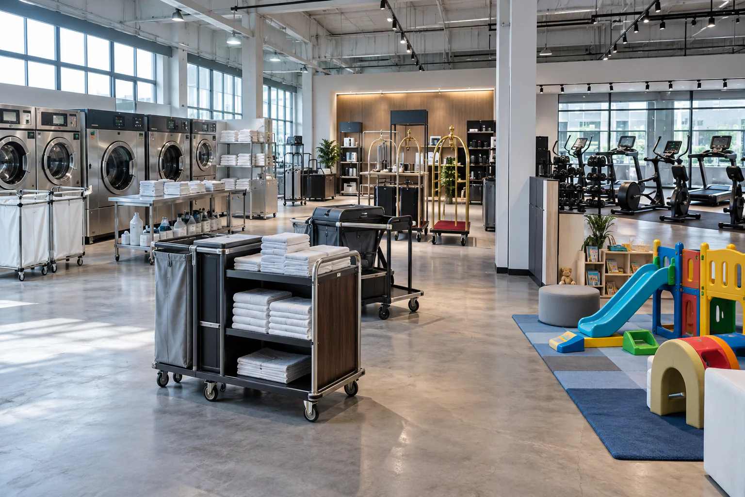 Thiết bị khách sạn, giặt là, gym và vui chơi trong showroom