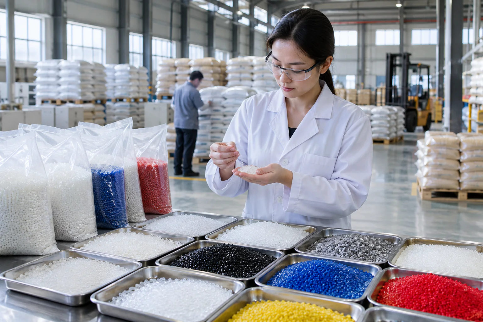 Hạt nhựa, hạt màu và phụ gia tại khu kiểm tra vật liệu