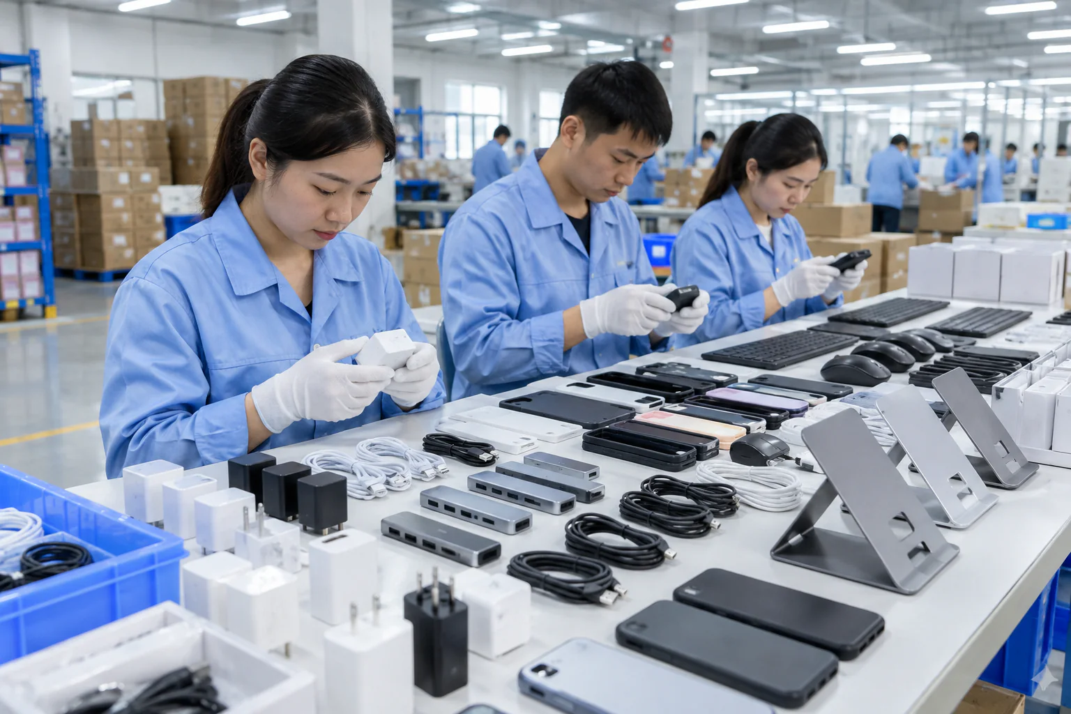 Phụ kiện điện thoại và máy tính trên bàn kiểm tra chất lượng