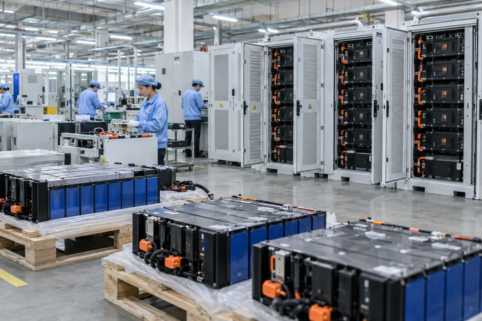 Mô-đun pin lithium và tủ lưu trữ năng lượng BESS trong nhà máy