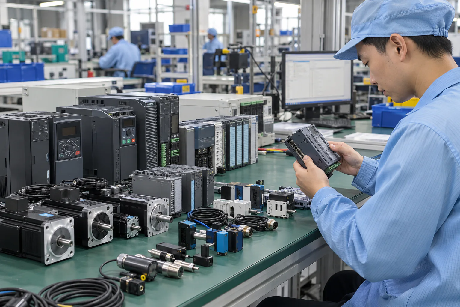 PLC, biến tần, động cơ servo và cảm biến tại bàn kiểm tra