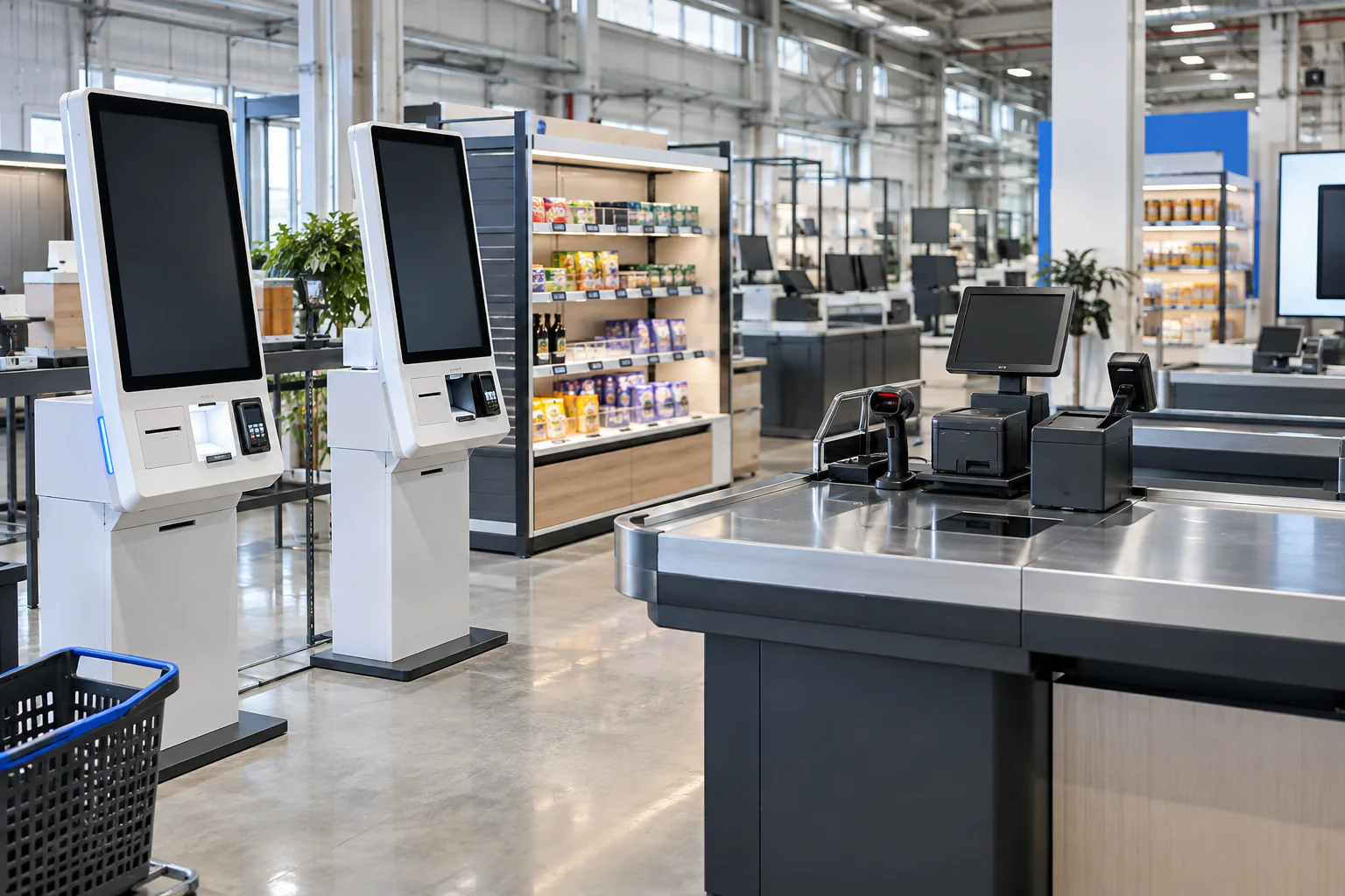 Kiosk tự phục vụ và thiết bị POS trong khu bán lẻ mẫu