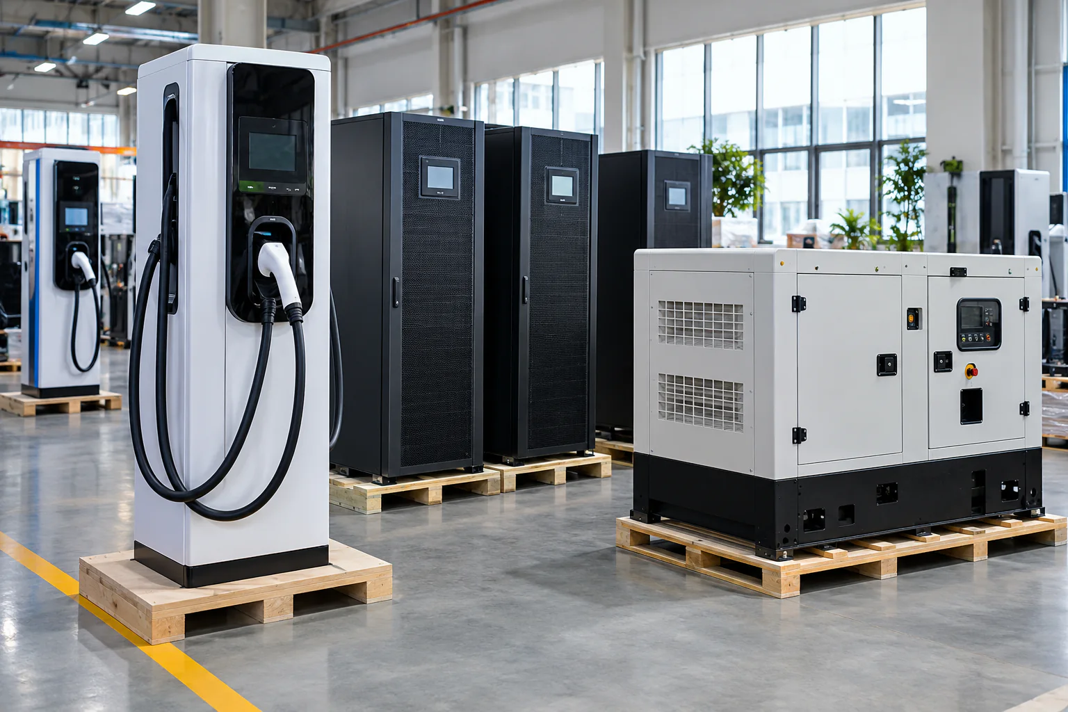 Trạm sạc, bộ lưu điện UPS và máy phát điện tại khu xuất hàng